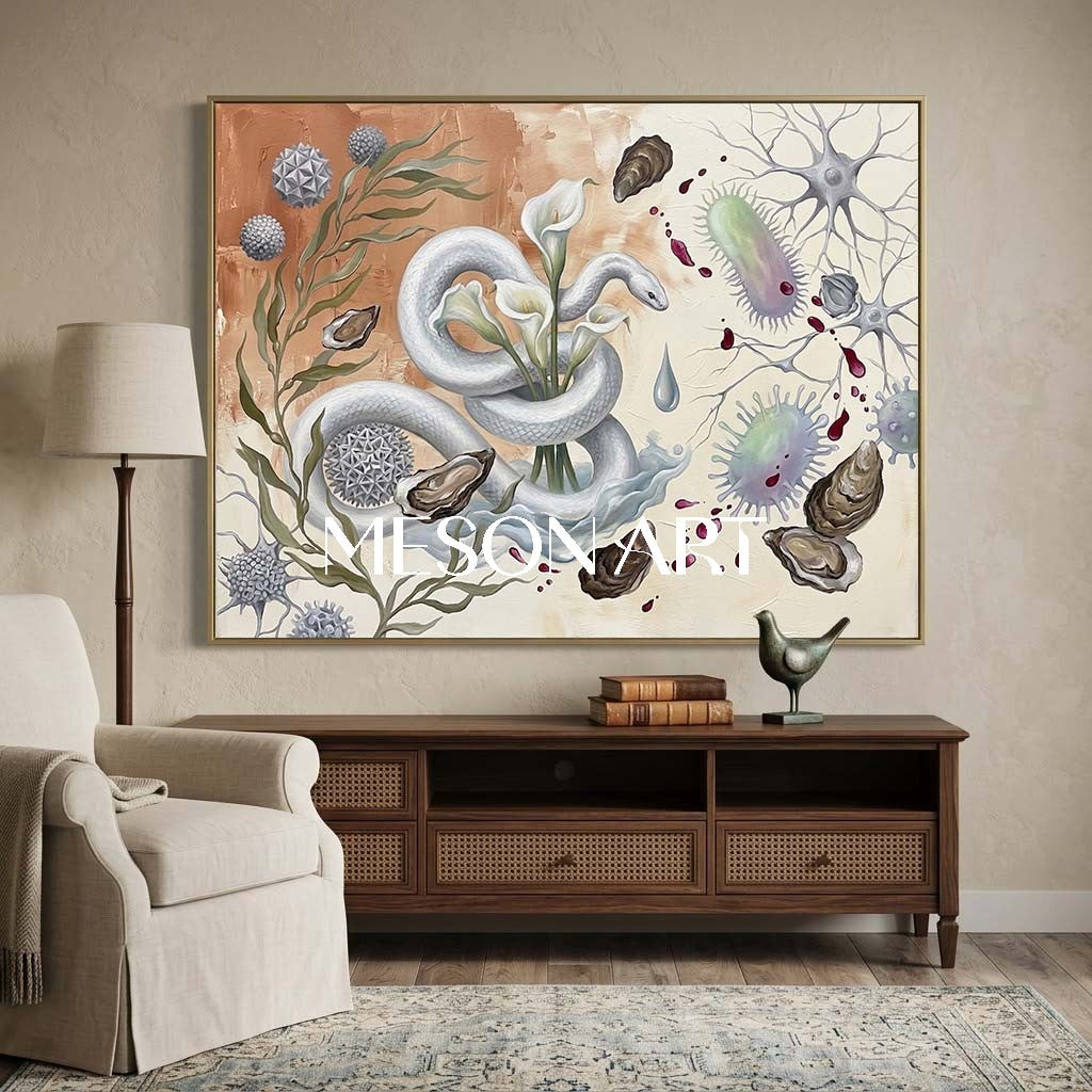 Original Bio Surrealist White Snake Oil Painting Luxury Villa Decor