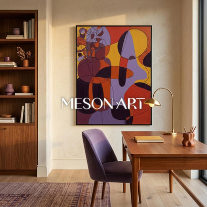Contemporary Abstract Art With Orange And Purple For Modern Living Room Decor