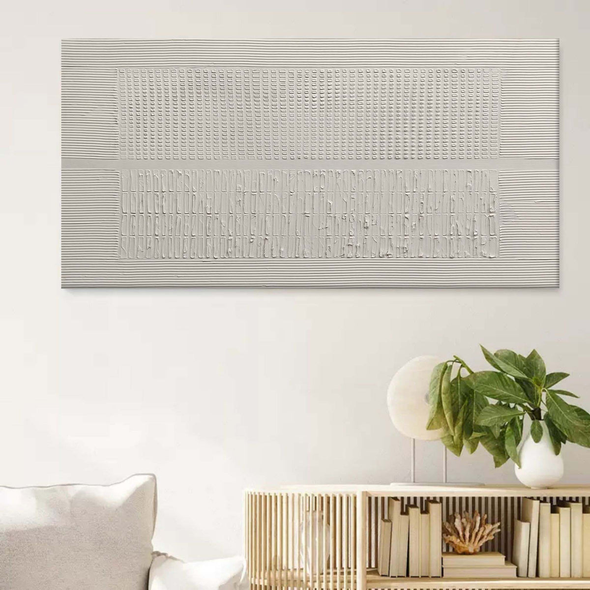 View of 3D Large White Textured Abstract Canvas Art Plaster Wall Art Minimalist ...