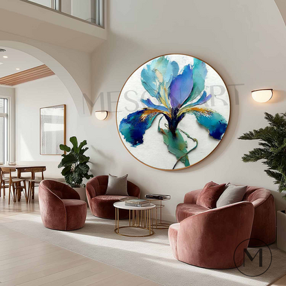 3D Iris Oil Painting on Round Canvas – Colorful Modern Wall Art for Spring Decor