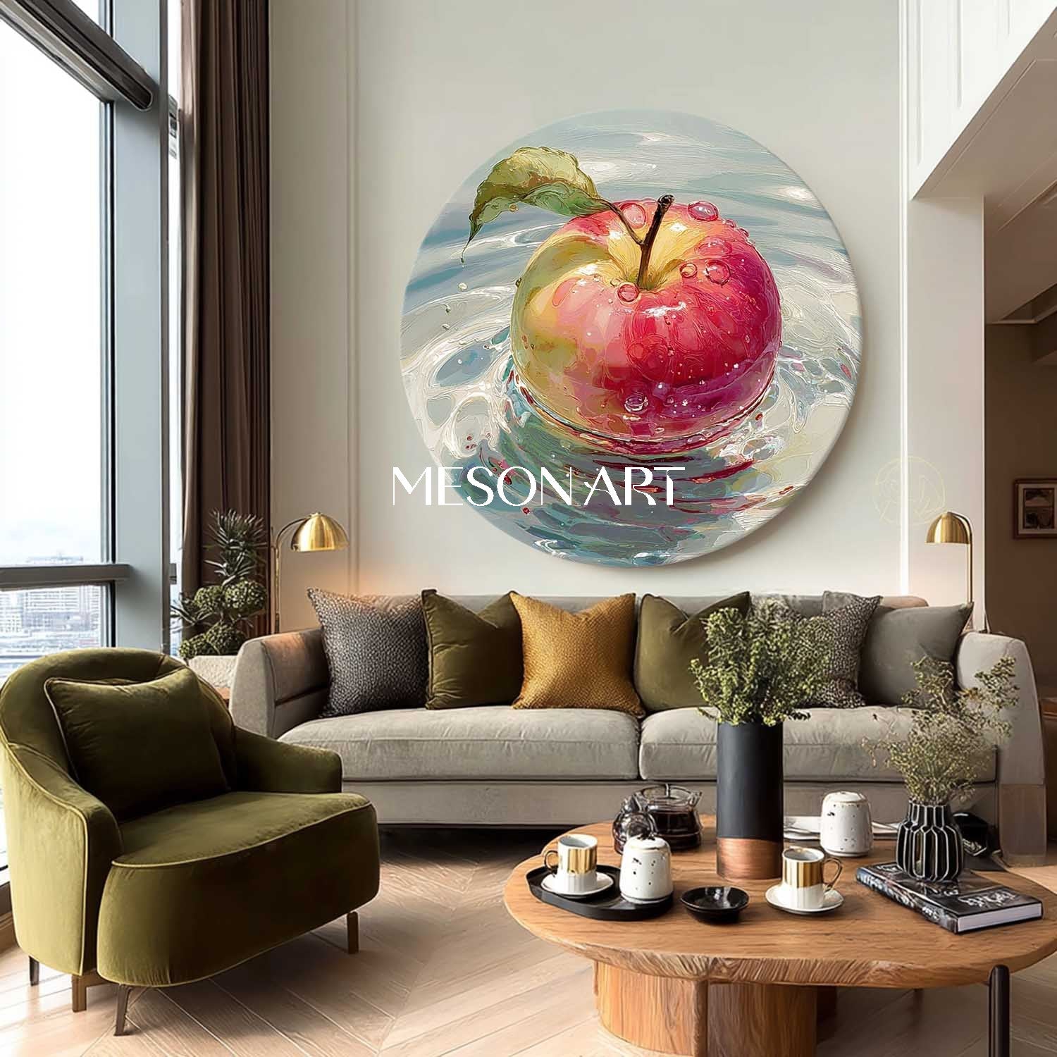 Round Apple Oil Painting on Canvas – Hand-Painted Kitchen Wall Art