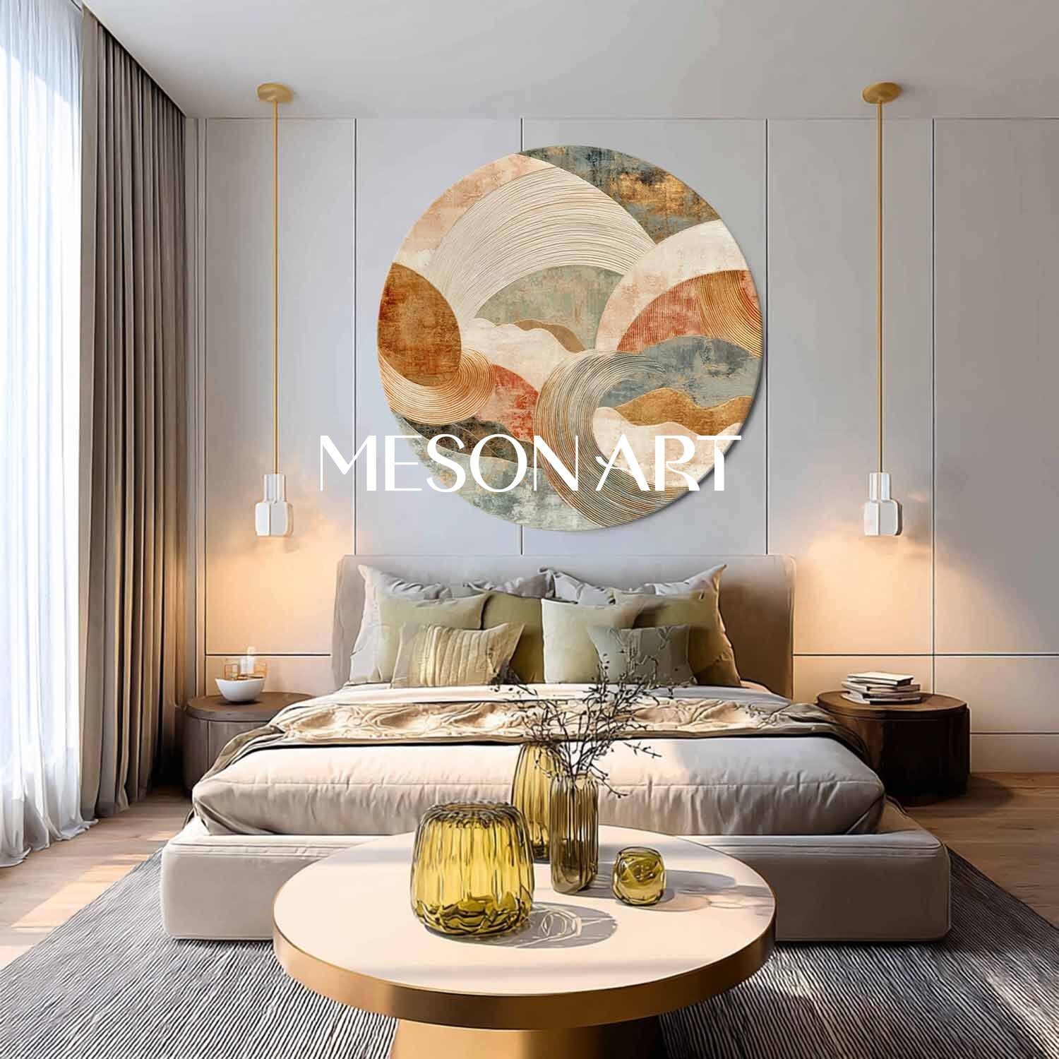 Earthy Tone Wave Abstract Round Canvas – Beige & Green Textured Canvas