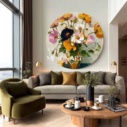 Round Floral Oil Painting – Hand-Painted Impasto Flower Vase