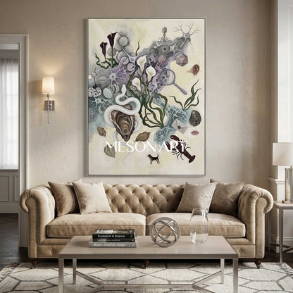 Beige Surreal Biological Hand-Painted Framed Canvas Large Art Entryway