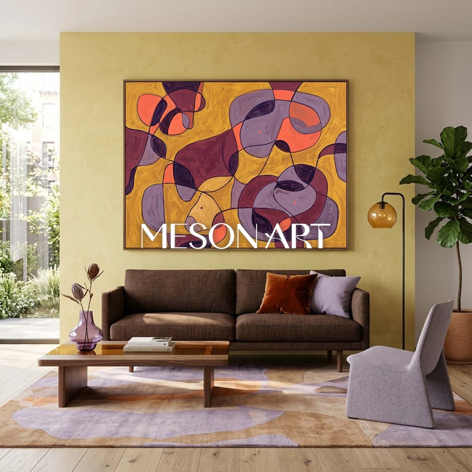 Contemporary Abstract Oil Painting With Amber And Violet Hues For Modern Living Room Decor