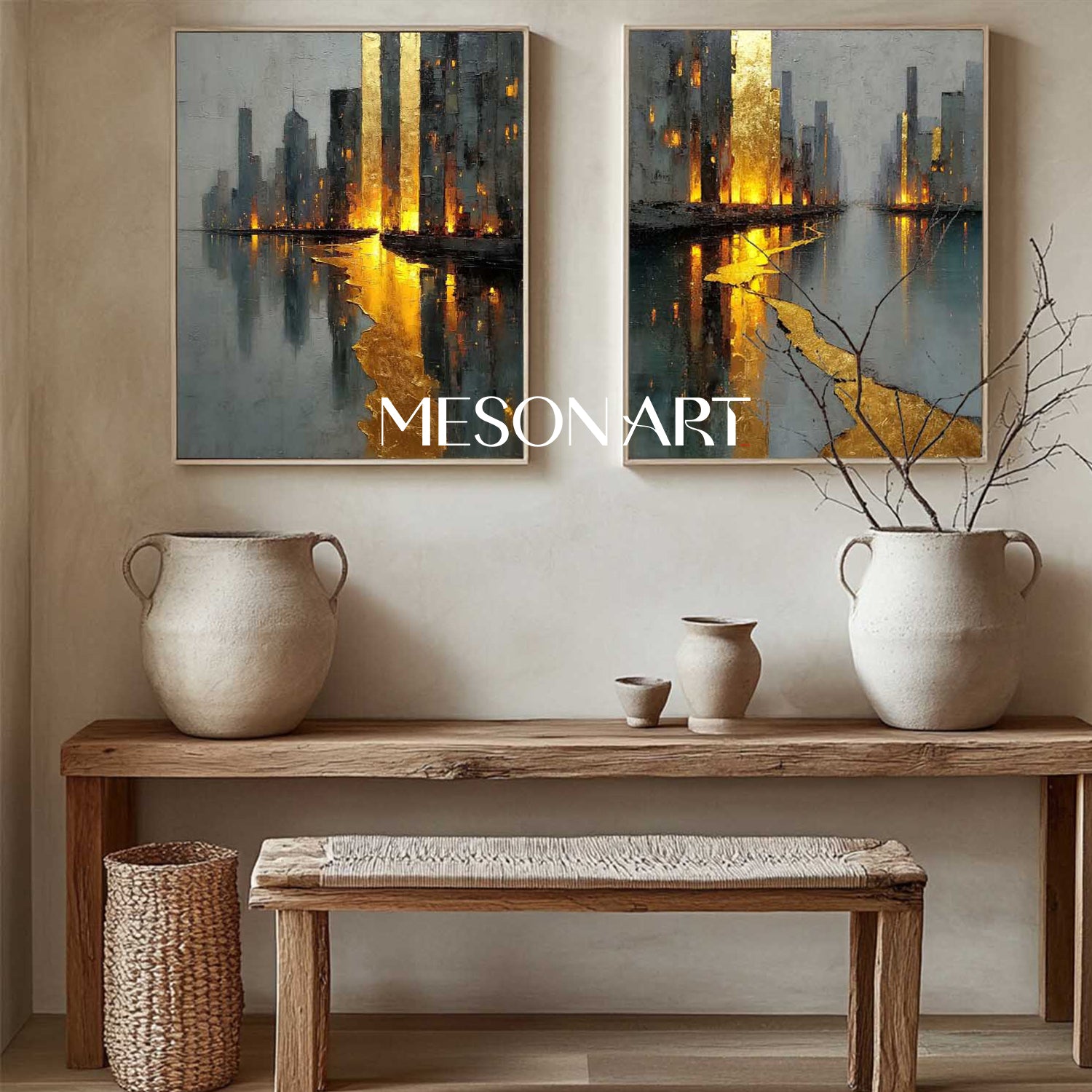 Modern Gold Abstract Wall Art Set of 2 Grey City Skyline Textured Canvas Paintings