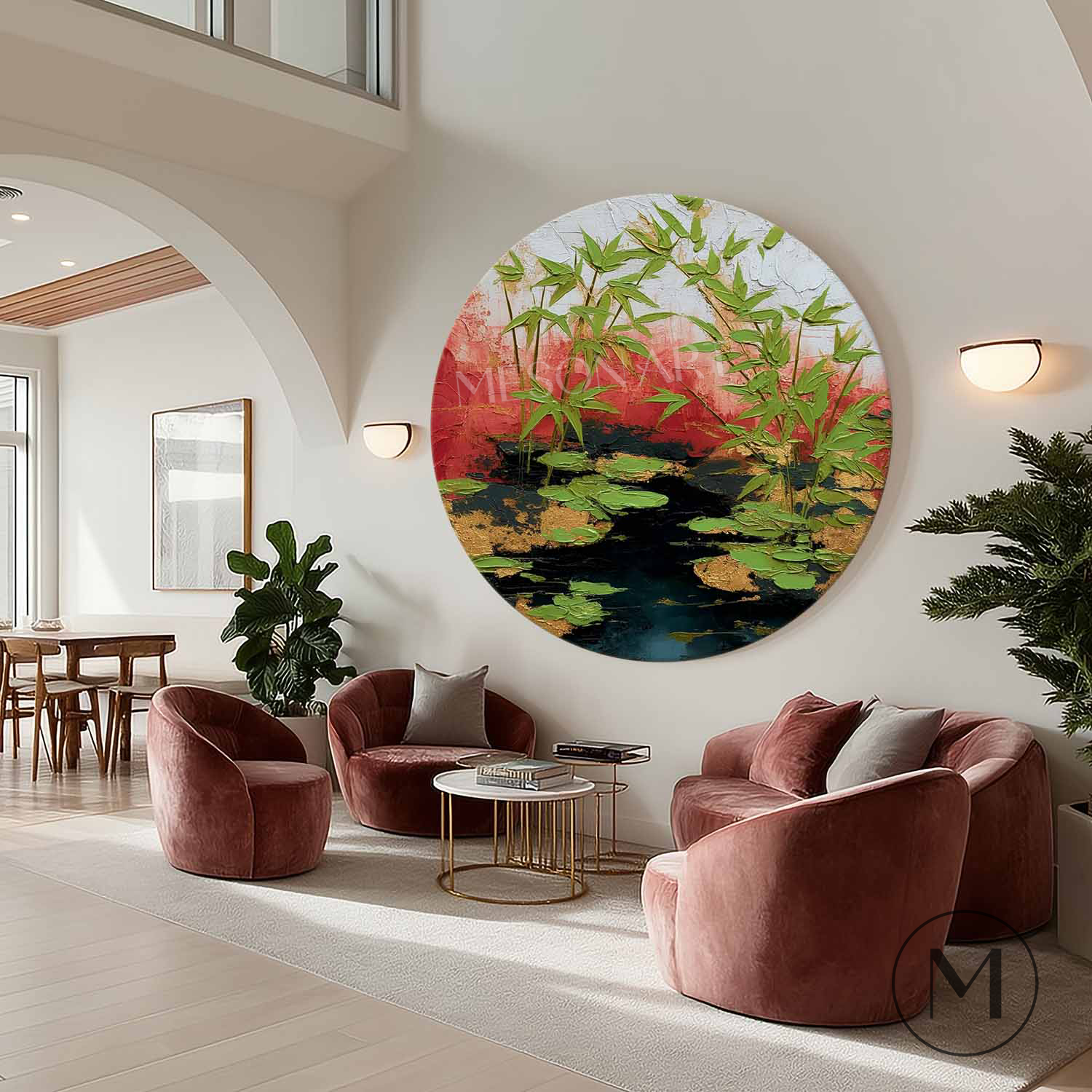Wabi-Sabi Bamboo & Pond Wall Art Modern Bamboo Zen Wall Art Hand-Painted Round Textured Landscape