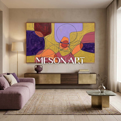 Contemporary Abstract Painting With Purple And Yellow For Modern Living Room Decor