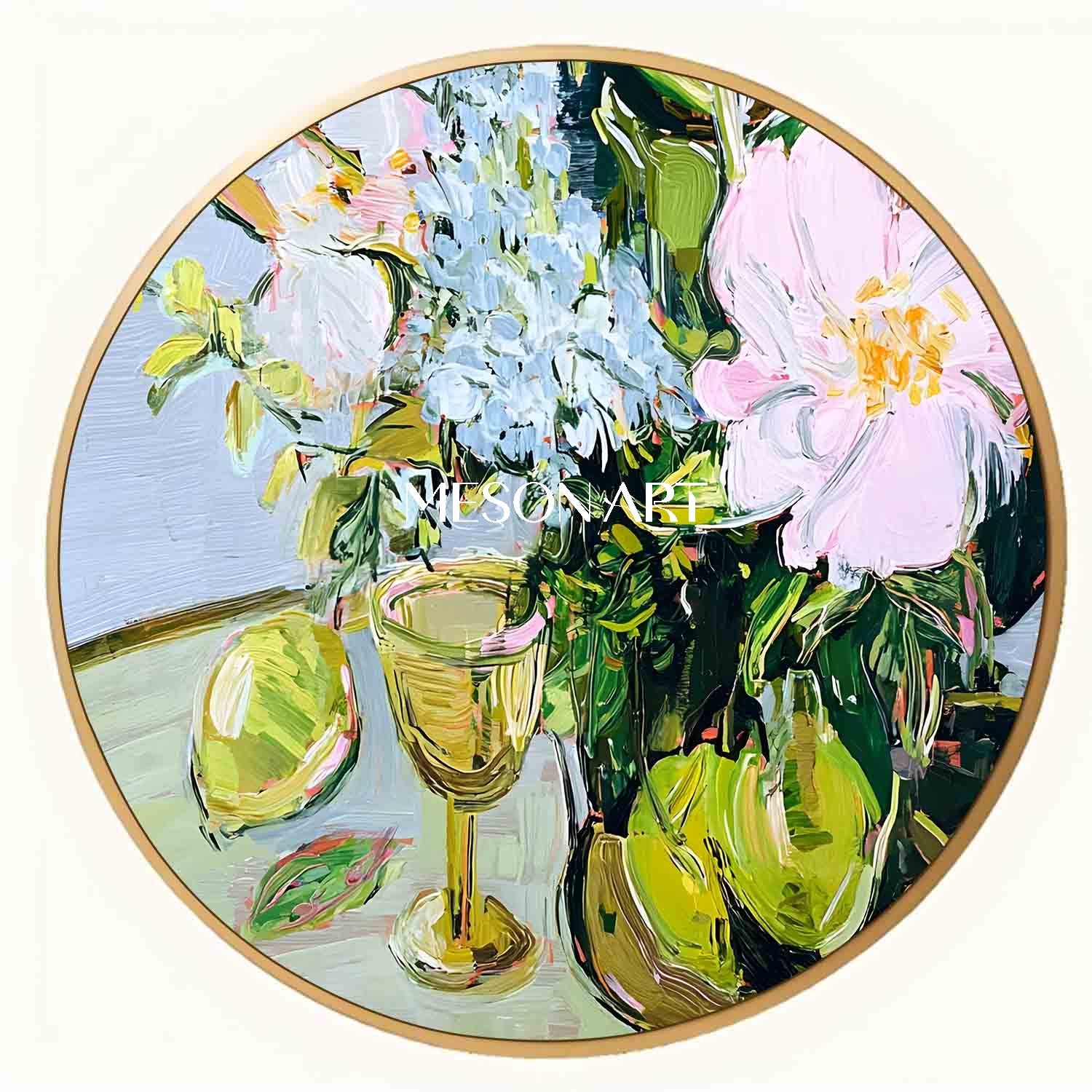 Round Floral Still Life Oil Painting – Vase and Fruit in Impasto