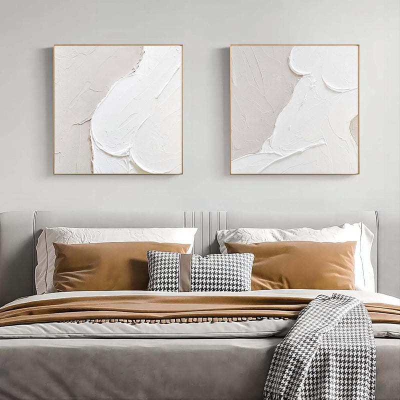 White Abstract Nude Painting Set of 2 White Textured Abstract Art Canvas White Minimalist Painting