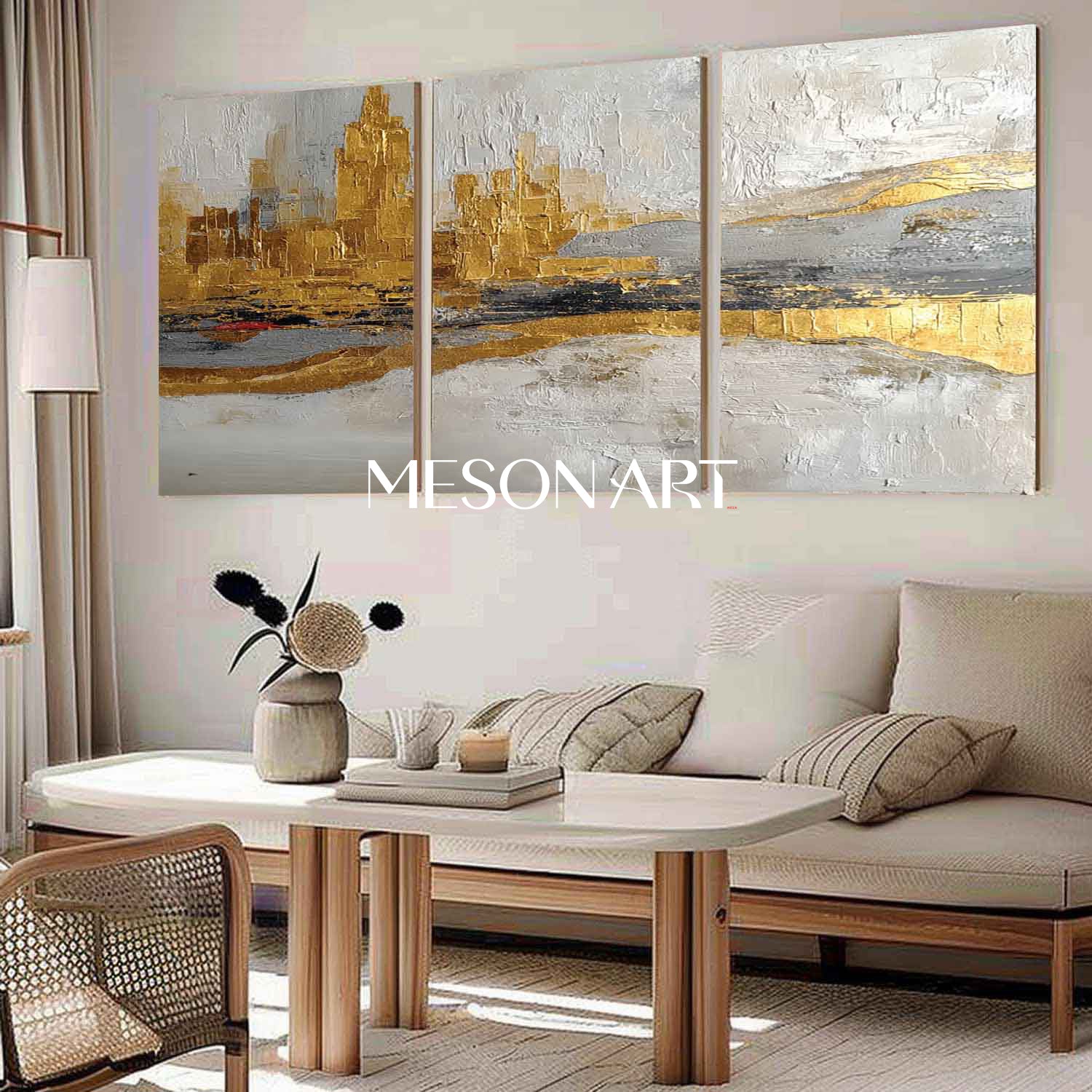 Modern Luxurious Abstract Canvas Wall Art Set Textured Gray and Golden Poainting