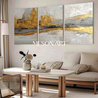 Modern Luxurious Abstract Canvas Wall Art Set Textured Gray and Golden Poainting
