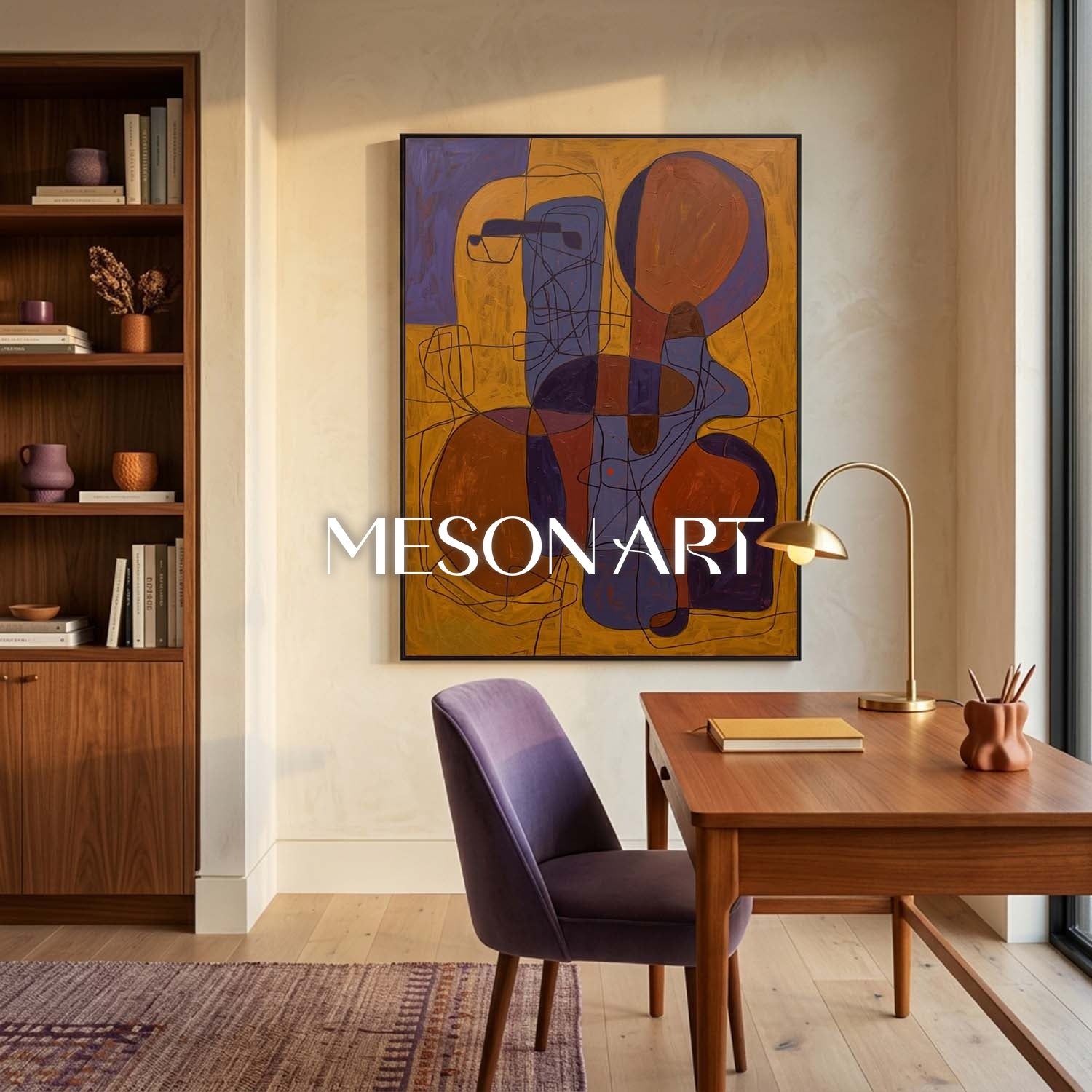 Contemporary Abstract Art With Ochre And Indigo For Modern Living Room Decor