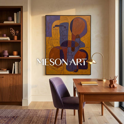 Contemporary Abstract Art With Ochre And Indigo For Modern Living Room Decor
