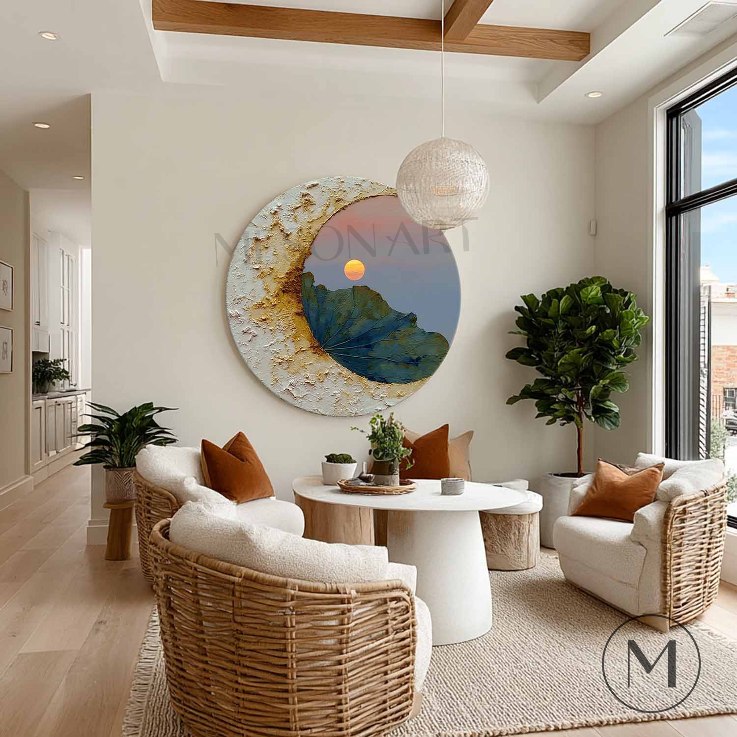 Moon Art on round canvas,Zen Sunset Botanical Wall Art,Painting,WABI-SABI Art
