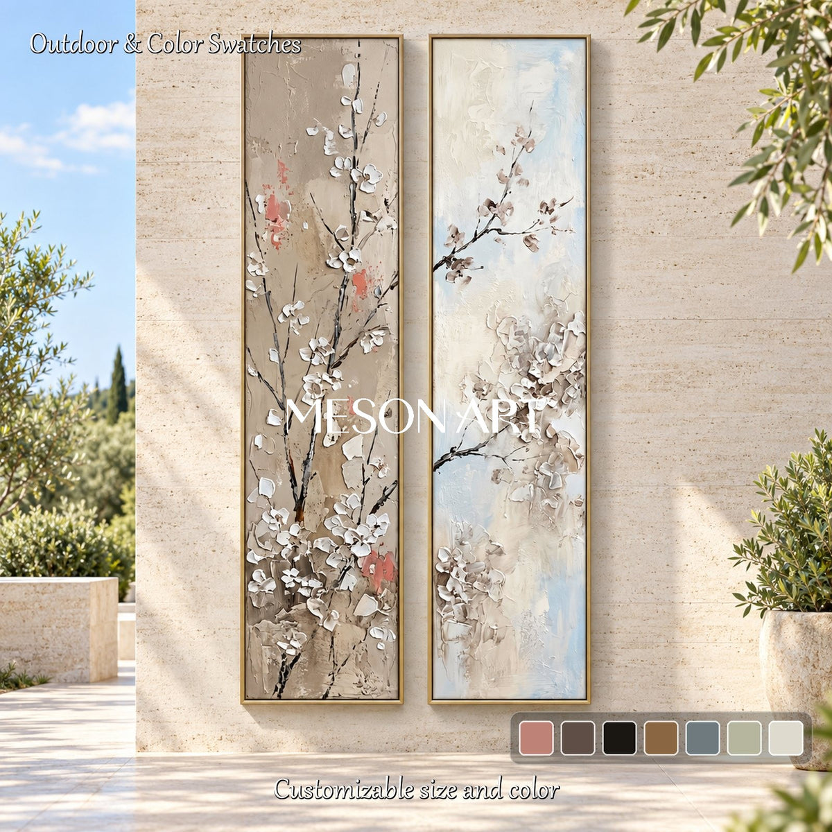 Beige And White Textured Sakura Flowers Rectangular Wall Art Original Artist Hand Painted By Mesonart