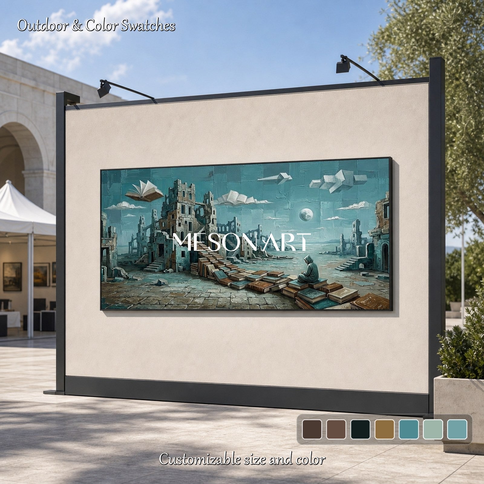 Large Surreal Painting Of Ancient Ruins And Floating Books For Home Office Decor