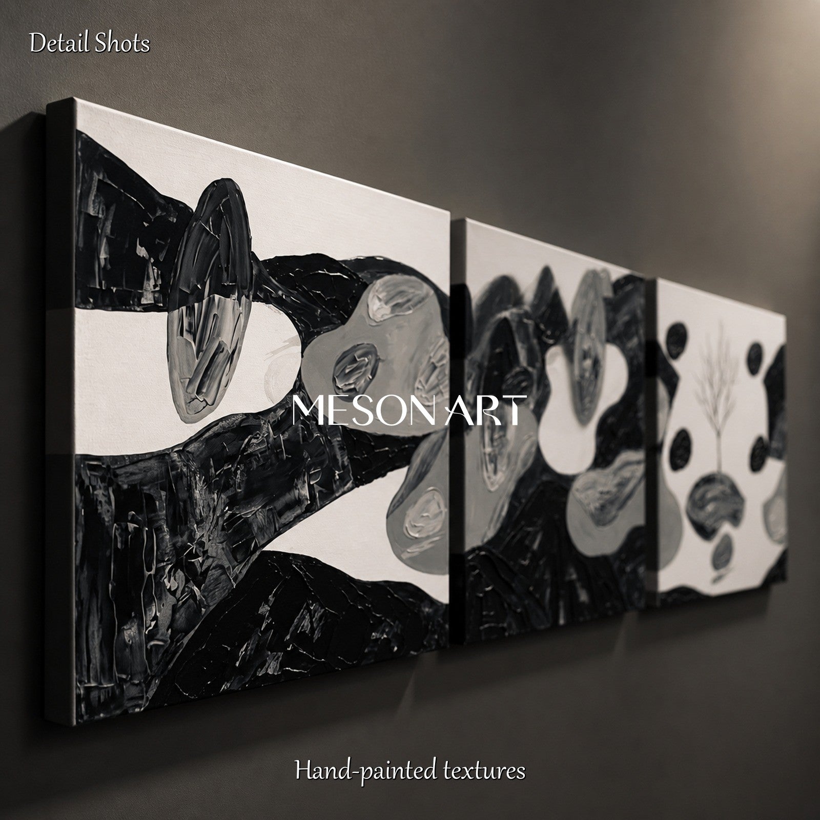 Abstract Black And White Oil Painting With Textured Relief For Modern Living Room Decor