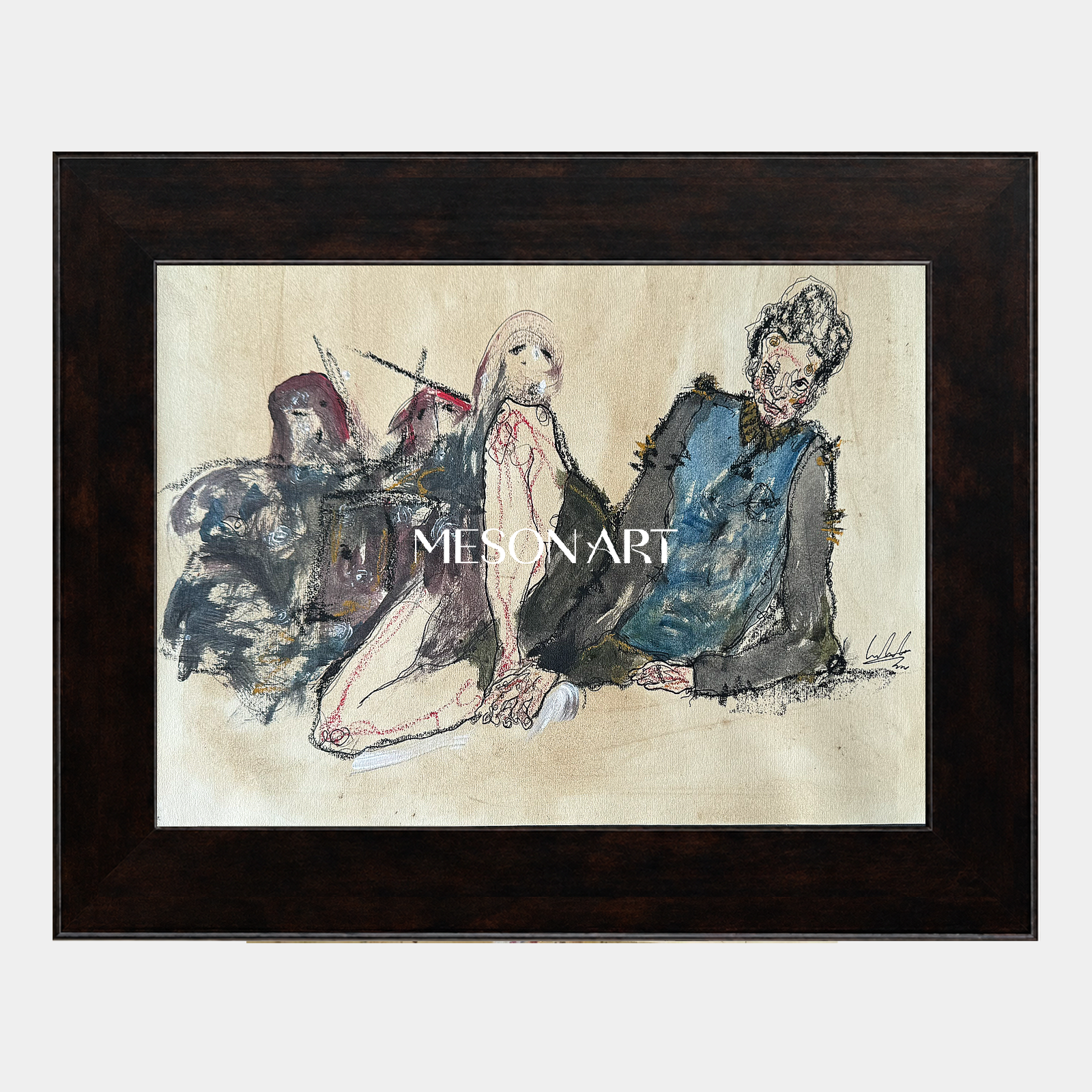Beige And Black Contemporary Figurative Rectangular Wall Art Original Artist Hand Painted By Mesonart