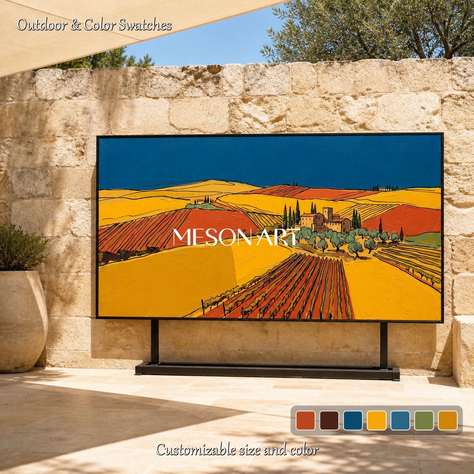 Yellow And Blue Vineyard Landscape Painting Contemporary Art Original Artist Panoramic Wall Decor For Dining Room By Mesonart