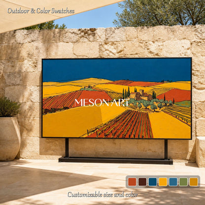 Yellow And Blue Vineyard Landscape Painting Contemporary Art Original Artist Panoramic Wall Decor For Dining Room By Mesonart