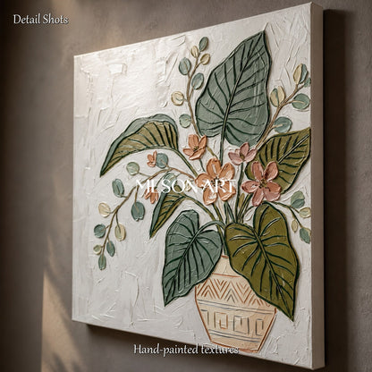 Green And Pink Botanical Floral Painting Modern Textured Square Wall Art Original Artist By Mesonart