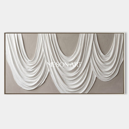 White And Gray Sculptural 3D Textured Modern Organic Wall Art Panoramic Canvas Painting By Mesonart