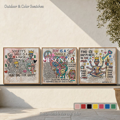 Vibrant Abstract Pop Art Triptych With Text For Modern Living Room Wall Decor
