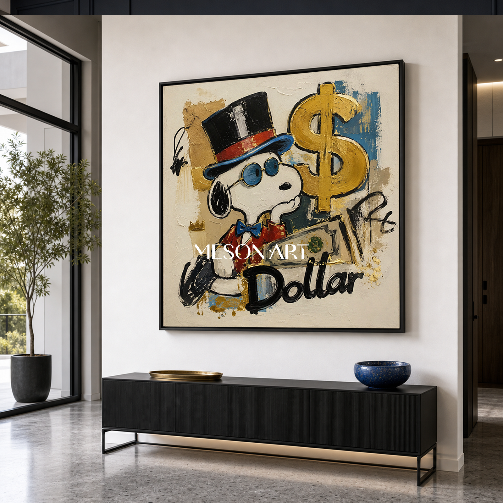 Snoopy Pop Art Painting With Gold Dollar Sign Graffiti Style Canvas Art For Living Room Decor