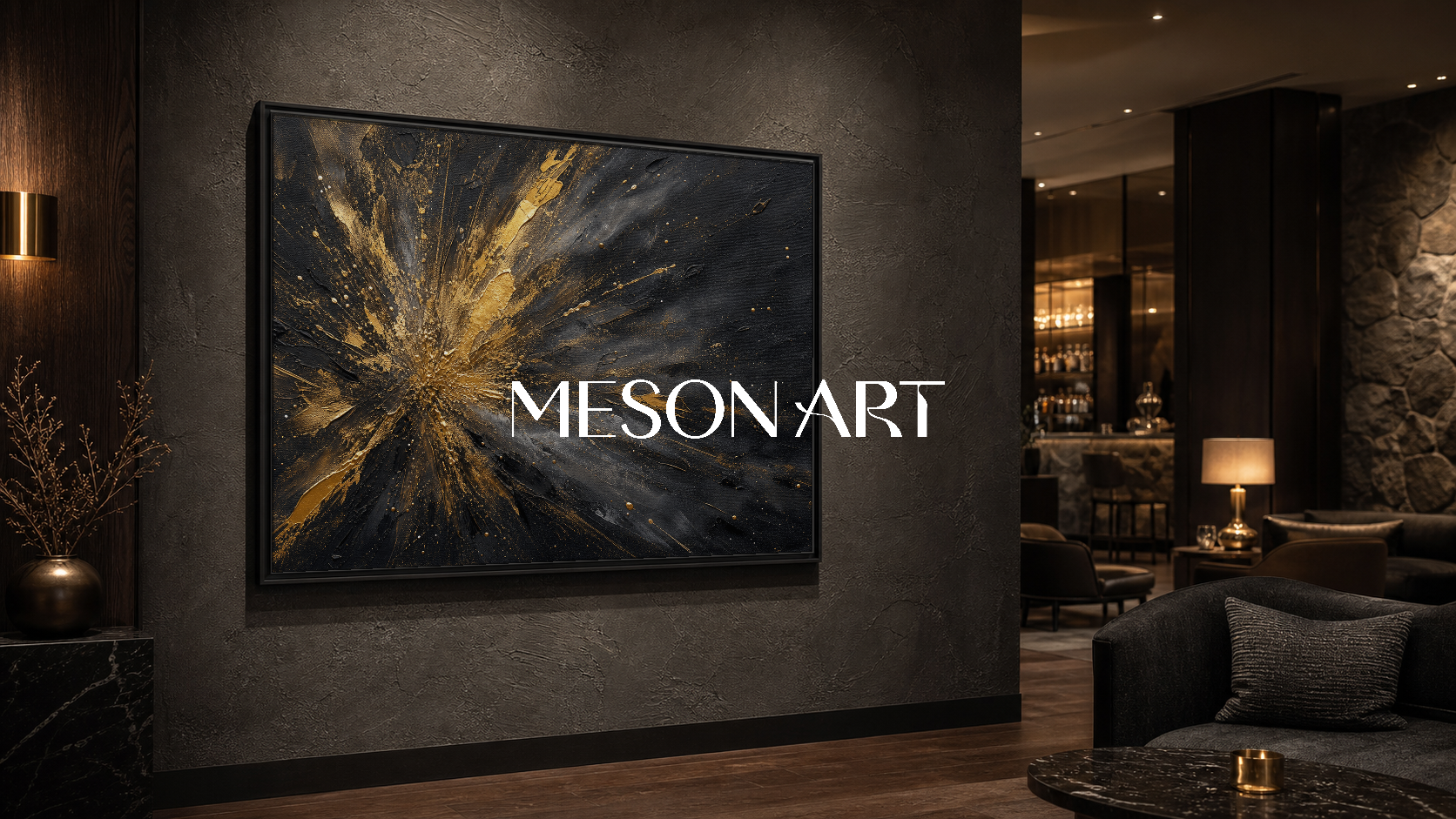 Black And Gold Abstract Art With Textured Relief For Modern Art Deco Living Room