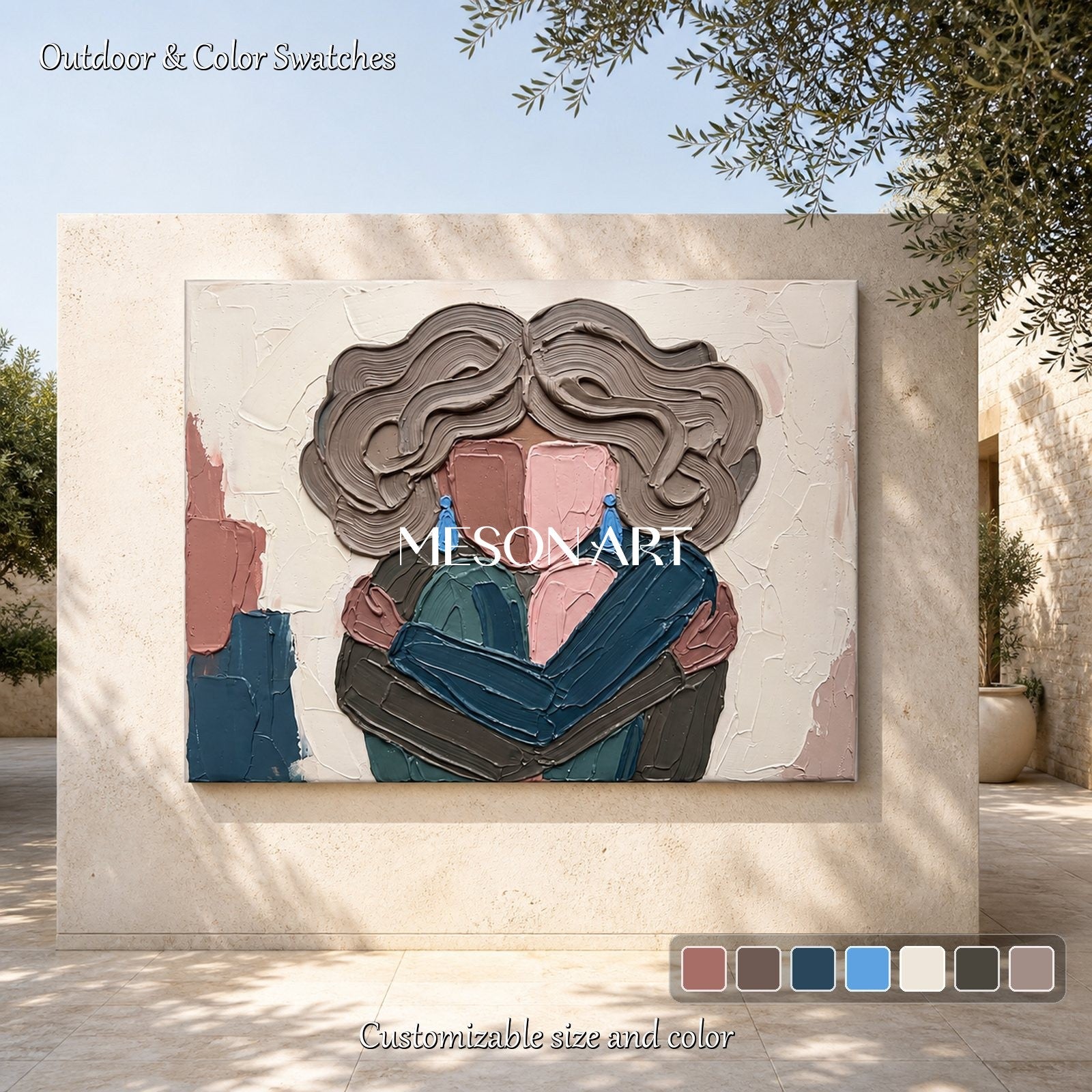 Pink And Blue Modern Portrait Painting Abstract Figurative Art Rectangular Wall Decor By Mesonart