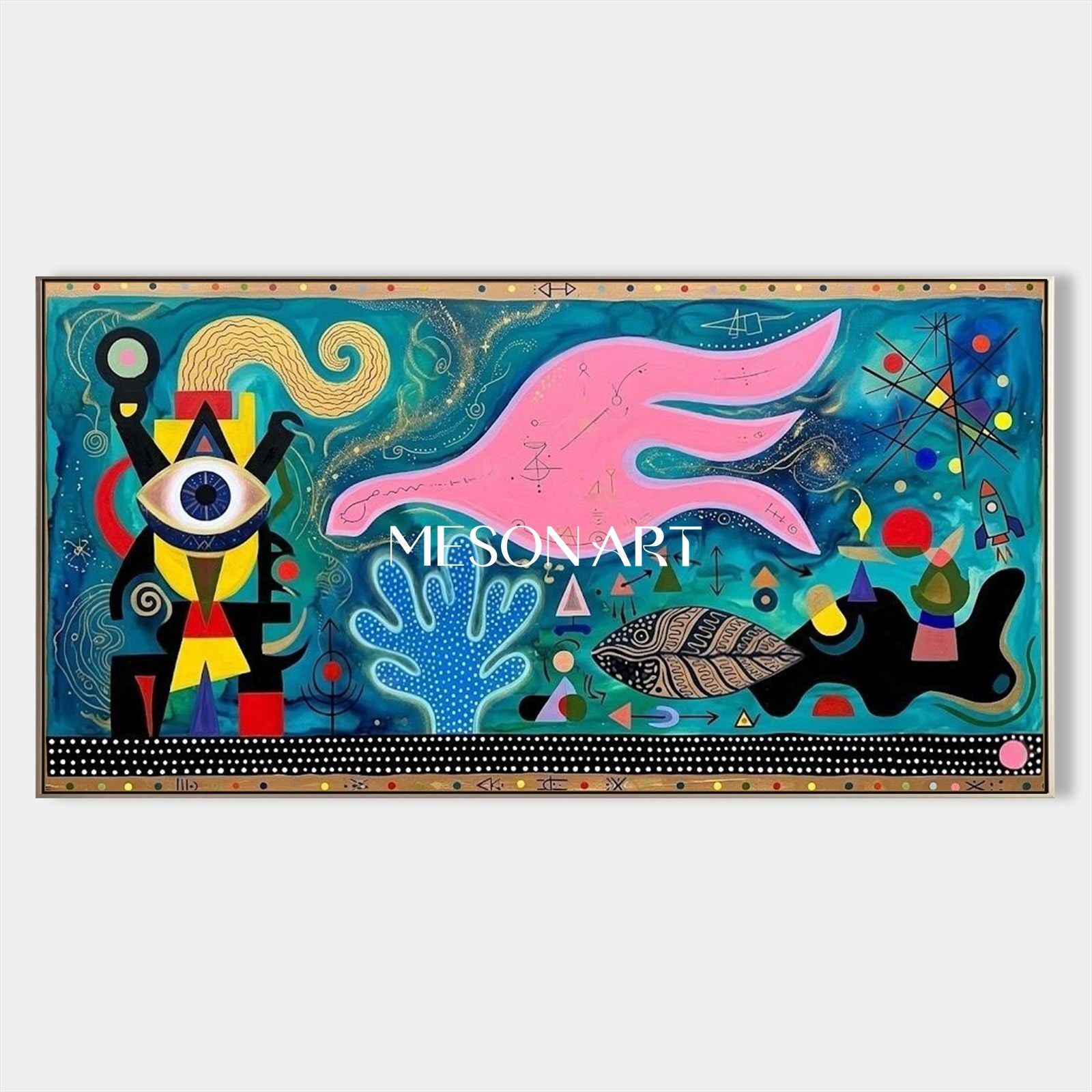 Vibrant Surrealist Abstract Painting With Cosmic Blue And Pink For Modern Living Room Decor