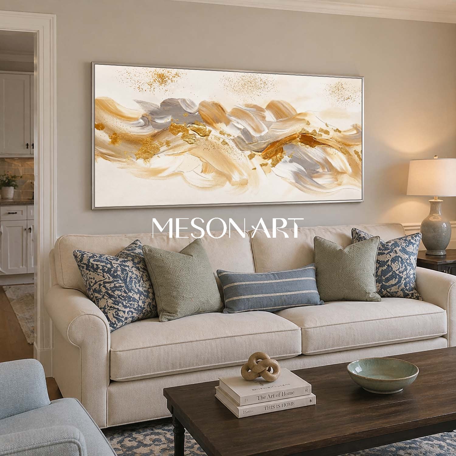 Luxury Gold Abstract Painting With Champagne Tones For Modern Living Room Decor