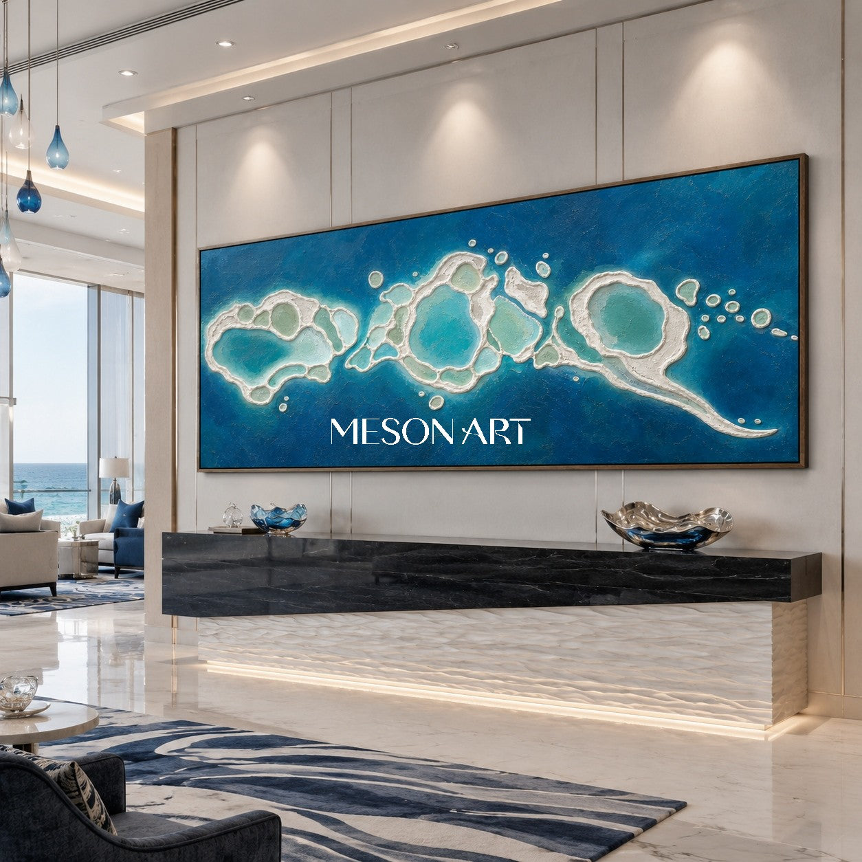 Luxury Abstract Ocean Wall Art With Turquoise Impasto Texture For Coastal Living Room