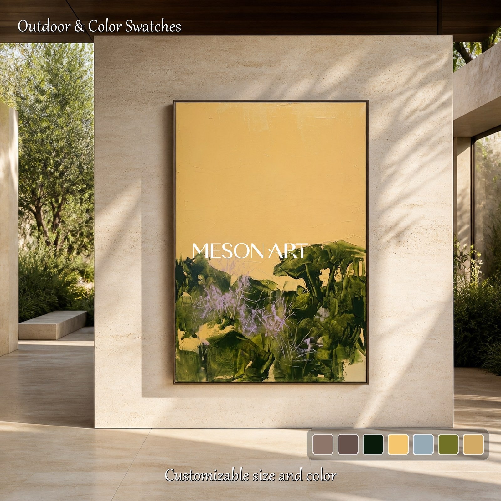 Gold And Green Abstract Expressionist Landscape Painting Rectangular Wall Art For Living Room By Mesonart