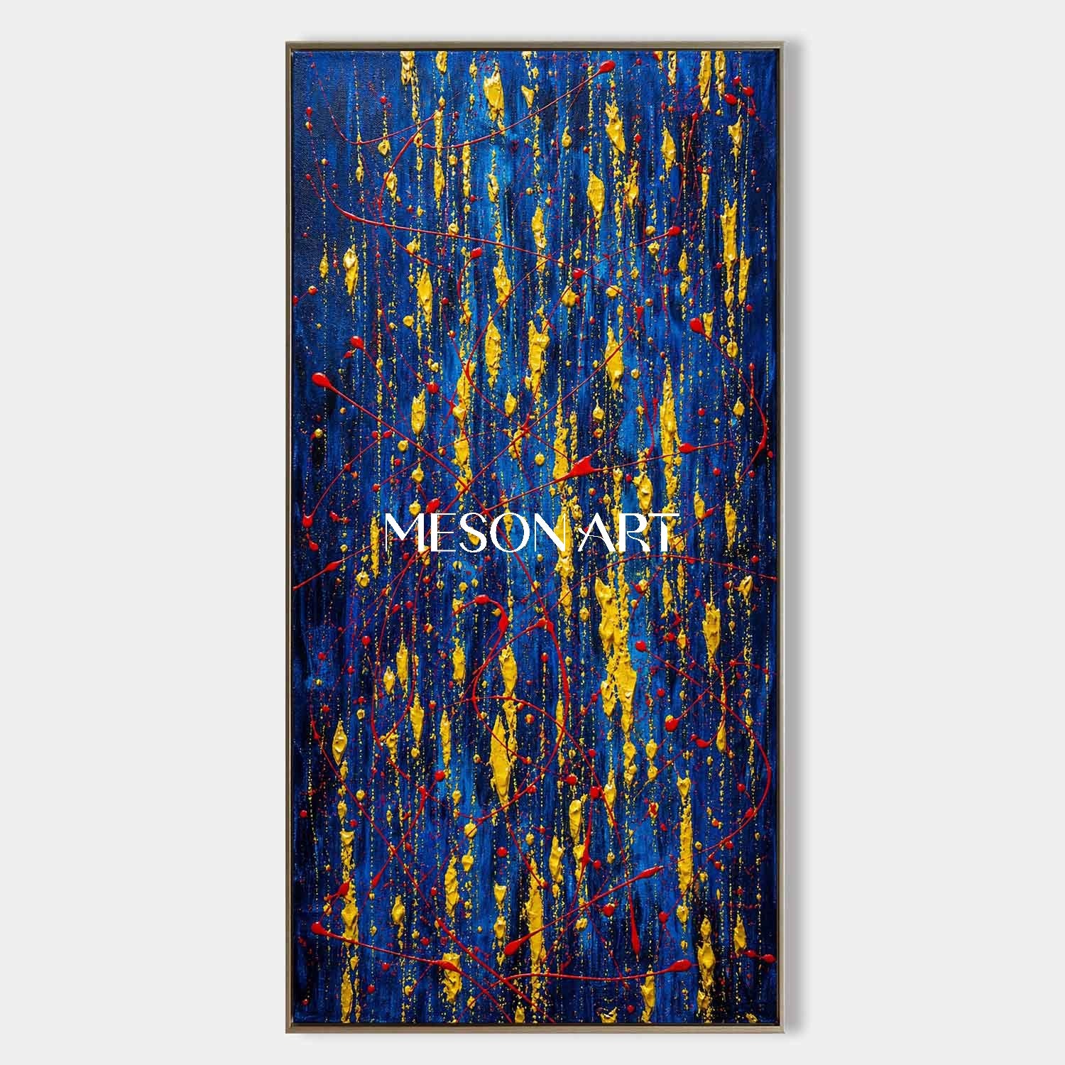Blue And Gold Abstract Painting For Sale Inspired By Pollock Action Art