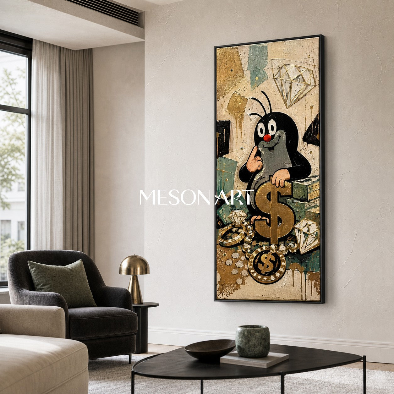 Cartoon Mole Graffiti Art With Gold Dollar Signs For Modern Living Room Decor