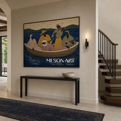 Expressive Musician Boat Painting With Ocean Stars For Living Room Decor