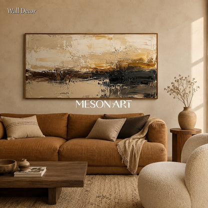 Quadro astratto con paesaggio in beige e nero, opera d'arte panoramica da parete per il soggiorno, realizzato da Mesonart