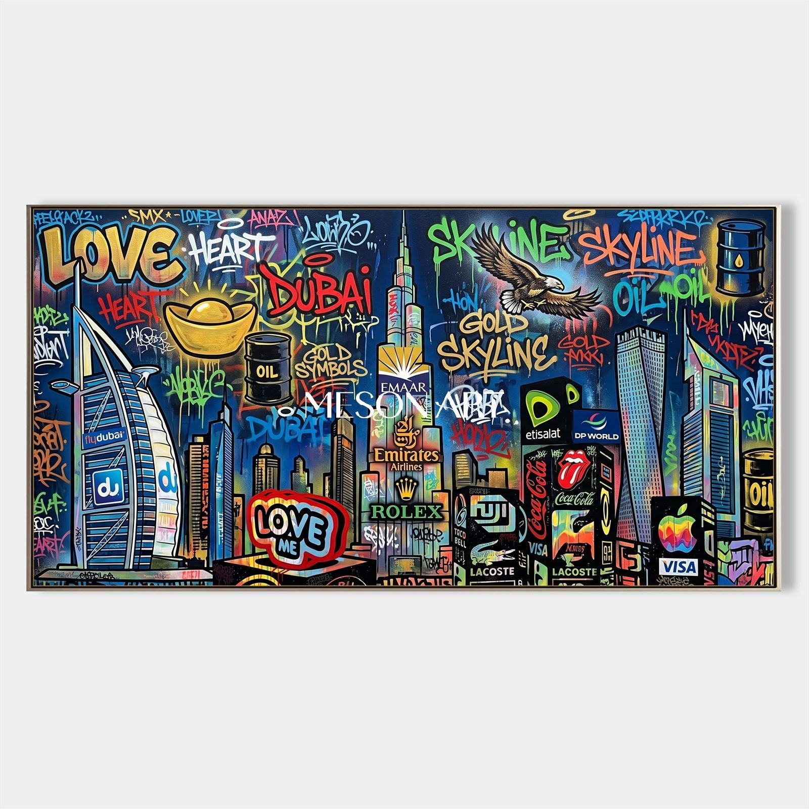 Black And Gold Graffiti Painting Panoramic Wall Art Original Artist Banksy Style For Living Room By Mesonart