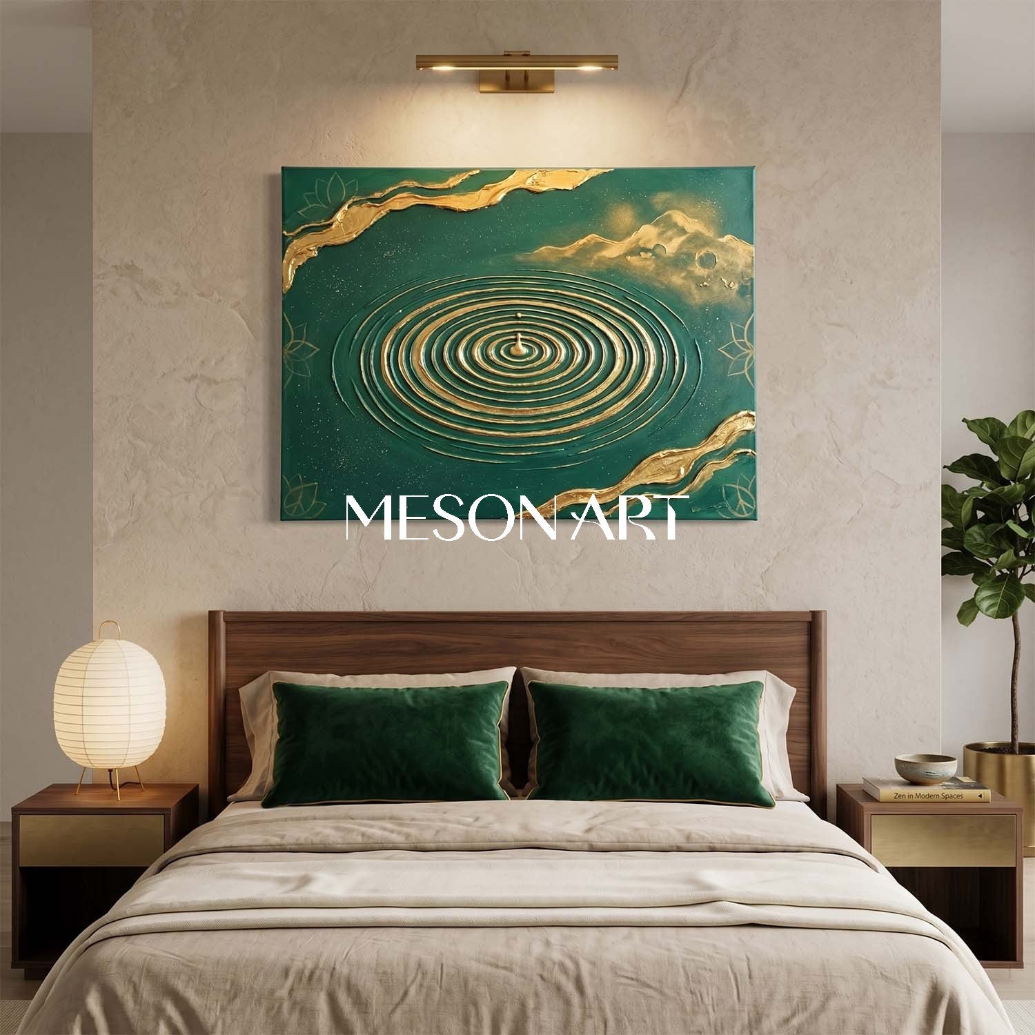 Emerald Green And Gold Textured Art Deco Painting For Modern Living Room Decor