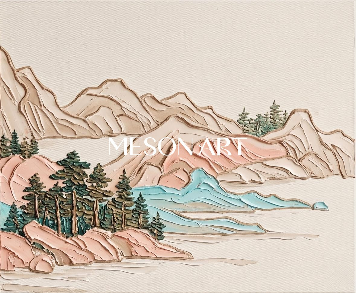 Beige And Blue Modern Impasto Mountain Painting Rectangular Wall Art For Living Room By Mesonart