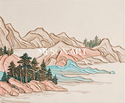 Beige And Blue Modern Impasto Mountain Painting Rectangular Wall Art For Living Room By Mesonart