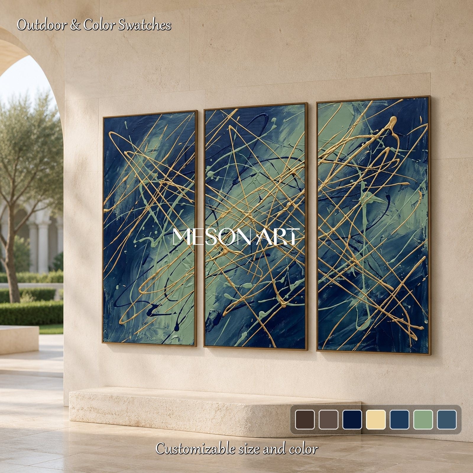 Blue And Gold Abstract Expressionism Painting Rectangular Wall Art For Living Room By Mesonart