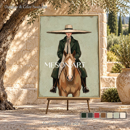 Green And Brown Vintage Cowboy Painting Rectangular Wall Art Original Artist Hand Painted For Living Room By Mesonart