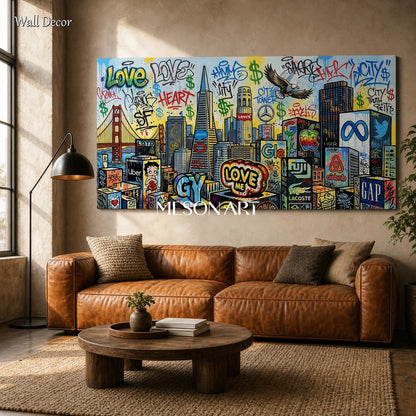 Blue And Yellow Graffiti Painting Panoramic Wall Art Original Banksy Style For Living Room By Mesonart