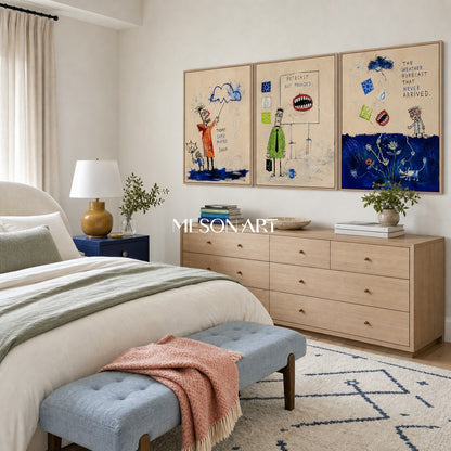 Blue Beige Graffiti Narrative Figurative Cartoon Weather Rectangular Wall Art Original Artist Hand Painted By Mesonart