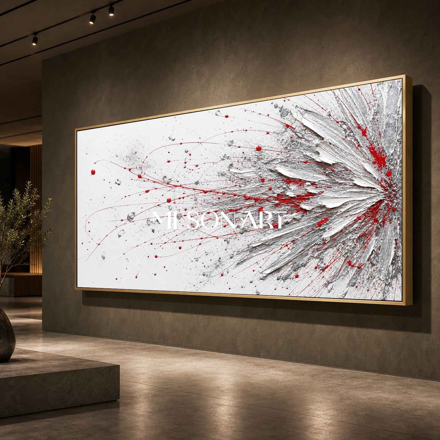Bold Red And White Abstract Painting With Textured Relief For Modern Living Room Decor