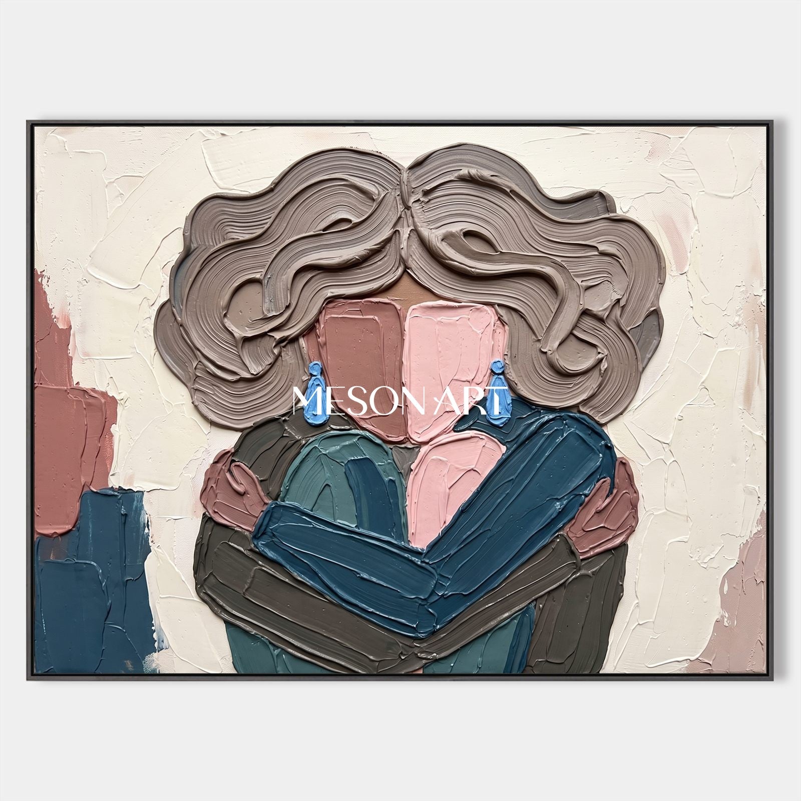 Pink And Blue Modern Portrait Painting Abstract Figurative Art Rectangular Wall Decor By Mesonart