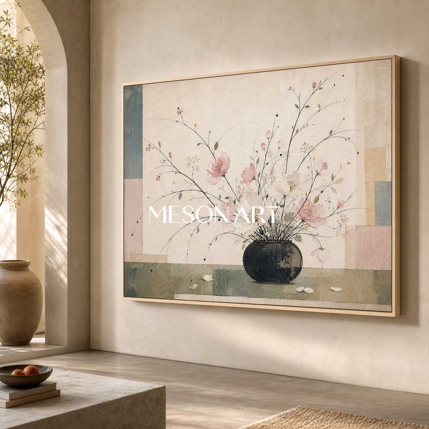 Elegant Pink Floral Still Life Painting With Geometric Background For Dining Room Wall Art Decor